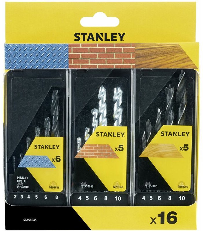 Set mit 3 Kassetten mit 16 HSS-R Bohrern Metall, Stein und Holz STANLEY STA56045-QZ