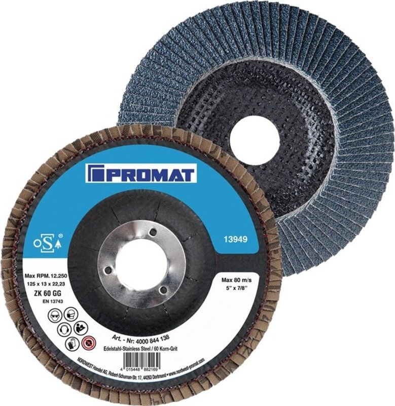 Promat - Fächerscheibe Action ø 125 mm Körnung 60 konisch inox Zirkonkorund