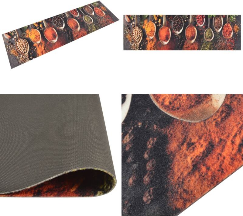 Küchenteppich Waschbar Löffel & Gewürze 45x150 cm Samt - Küchenläufer - Samt - PVC - Rutschfest - Maschinenwäsche - Home...