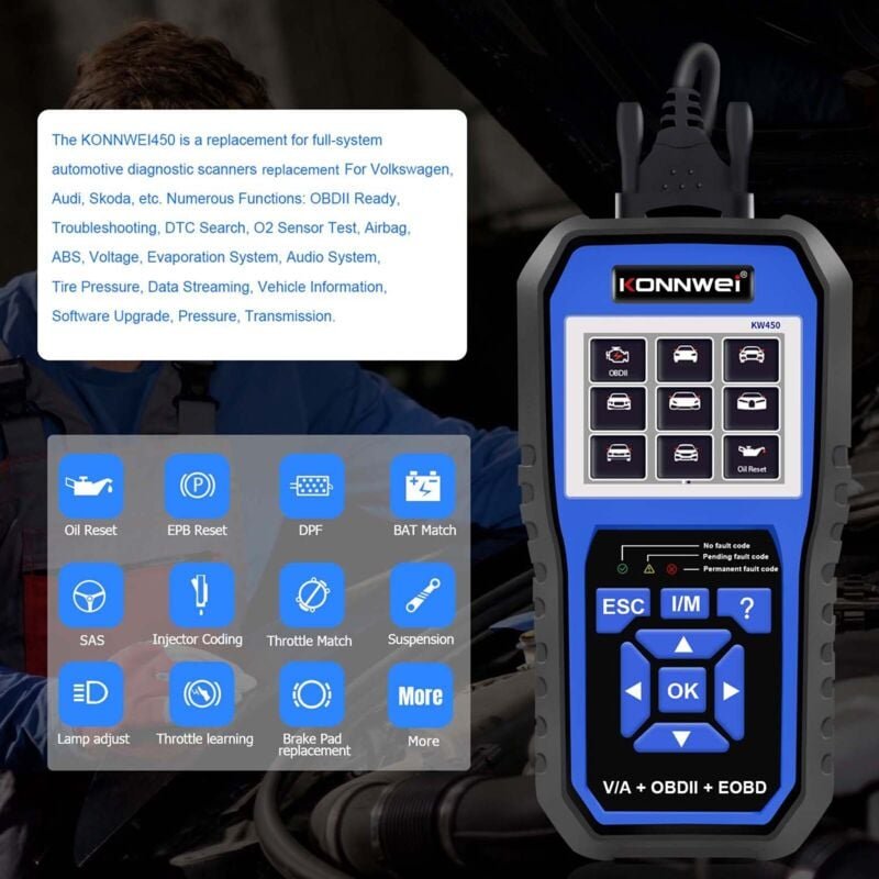 Konnwei KW450 OBD2-Diagnosescanner für alle Systeme mit 11 Spezialfunktionen, Akkupack, DPF-Prüfung, SAS, Einspritzdüsen...