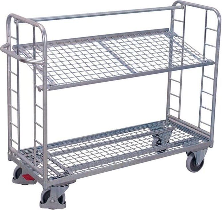 VARIOfit Etagenwagen mit vergitterten Seiten, Rohrschiebegriff und neigbarem verzinktem Drahtgitterboden 1355x550mm