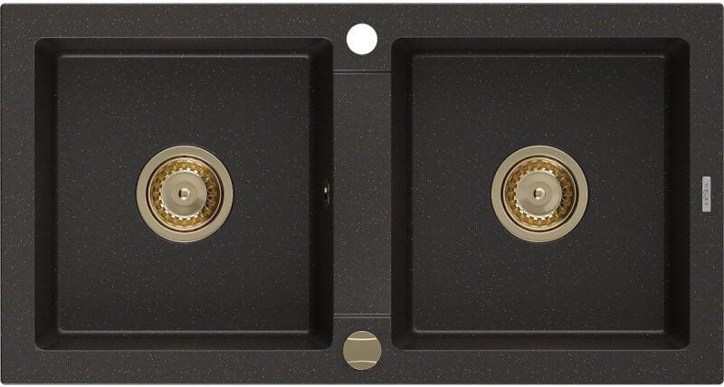 Mario 2-Becken-Granit-Spülbecken 820 x 436 mm, Schwarz/Gold metallisch, Siphon Gold - 65048220 - Mexen