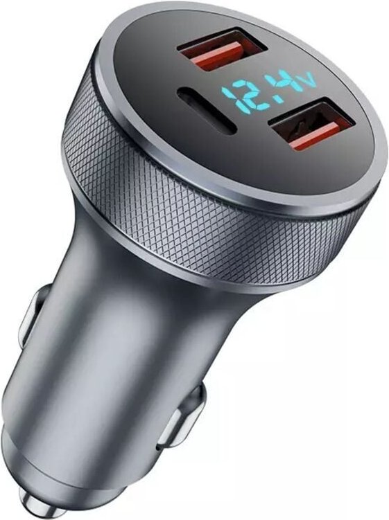 Thumbnail - KZQ - 72W Auto-USB-Ladegerät, Metall-Schnellladeadapter, Dual-USB, mit LED-Voltmeter (Grau, 3,5 x 6,6 cm)