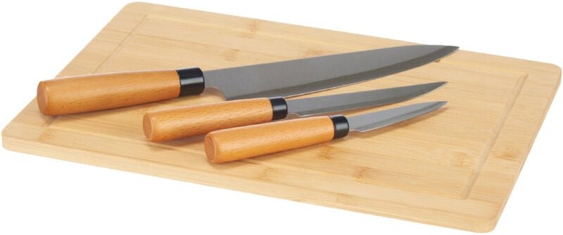 Schneidebrett Bambus orva mit 3 Messern mit Bambusgriffen