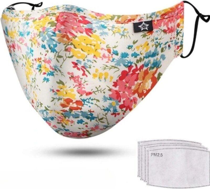 Baumwollmaske mit Blumenmuster und Ventil, 4 Filter, verstellbar, wiederverwendbar