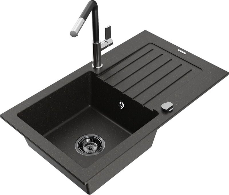 Mexen Pablo 1 Becken-Granitspüle mit Abtropffläche und Mischbatterie Flora, Schwarz/Gold metallisch