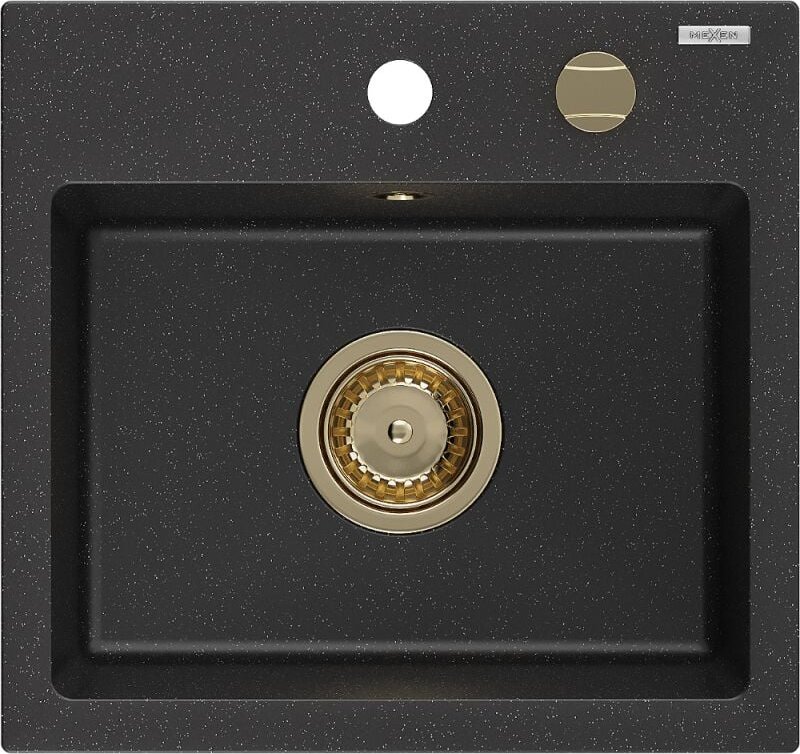 Milo 1-Becken-Granit-Spüle 435 x 410 mm, Schwarz/Silbermetallic, Siphon Gold - 6505441000-73-G - Mexen