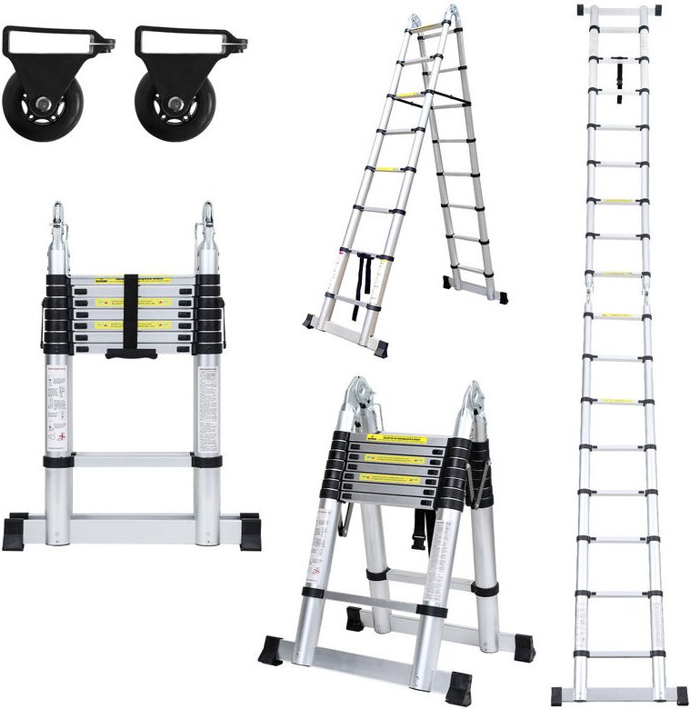 Teleskopleiter Ausziehleiter Klappleiter Stabil Aluminium Stehleiter bis 150kg 2,5m+2,5m Silber ohne haken Mit Stabilisa...