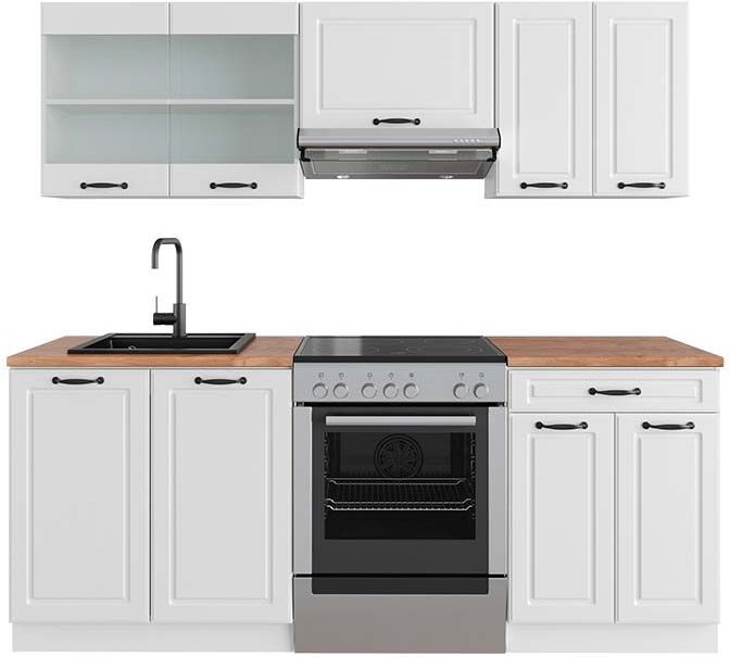 Küchenzeile R-Line, Weiß Landhaus/Weiß, 200 cm , AP Eiche, Vicco