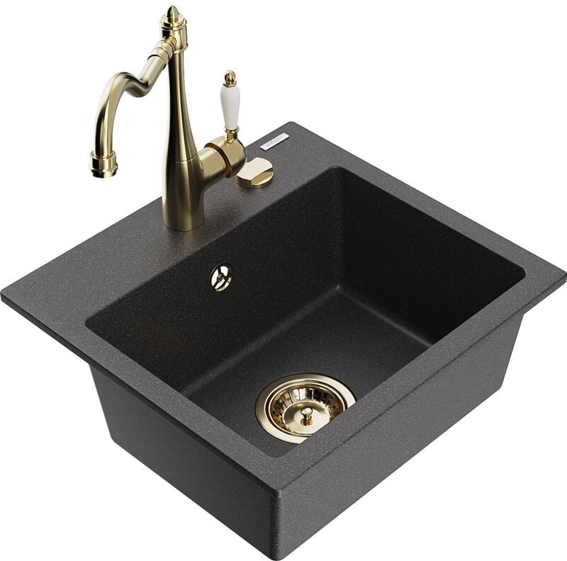 Milo 1-Becken-Granit-Spüle mit Mischbatterie Carla, Schwarz gesprenkelt - 6505-76-670700-50 - Mexen