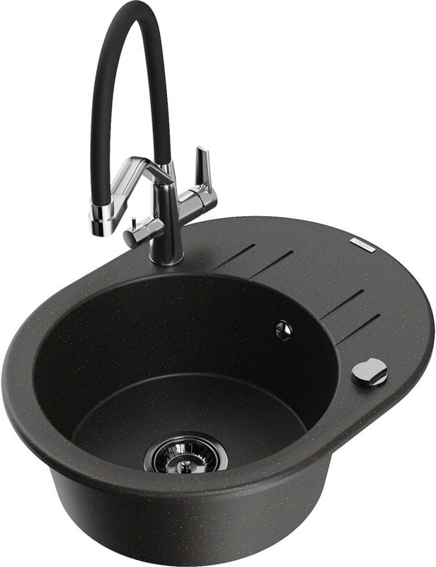 Kevin 1-Becken-Granitspüle mit Mischbatterie Duo, Schwarz/Gold metallisch - 6517-75-671701-07- - Mexen