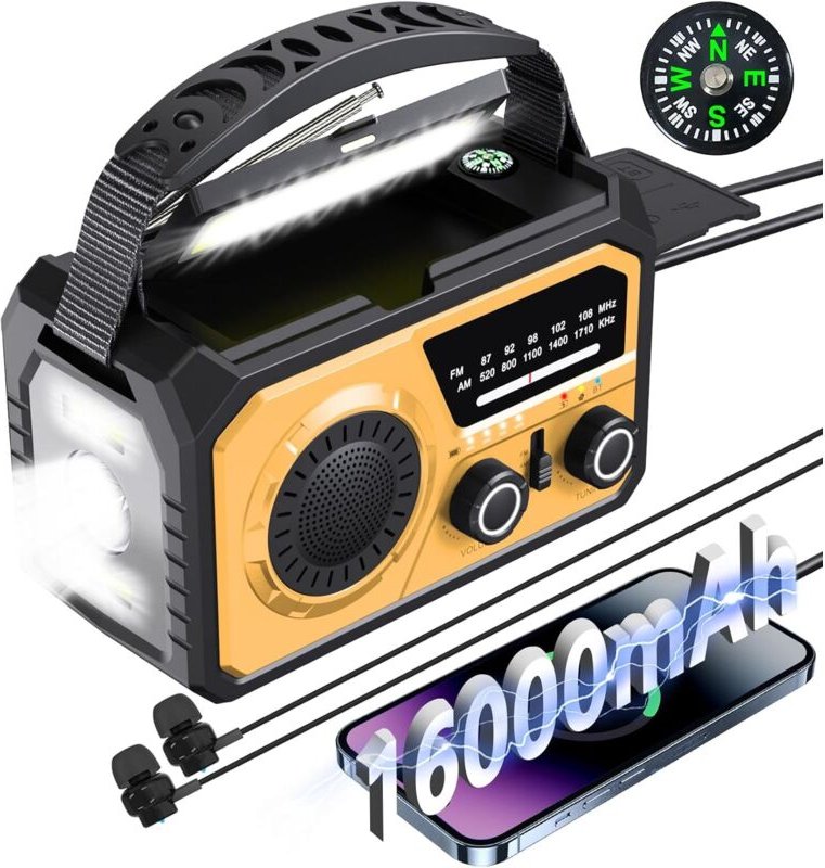 16000 Solar-Notfallradio, tragbares Handkurbelradio, AM/FM-Solarradio mit Kompass, USB-Telefonladegerät, Taschenlampe, S...