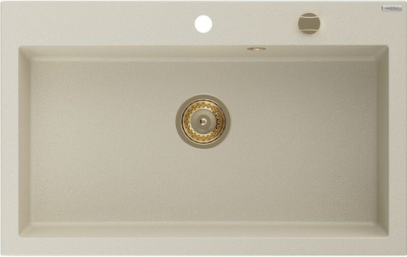 Elix Granitspüle 1-Becken 800 x 500 mm, beige, goldener Siphon - 6527801005-69-G - Mexen