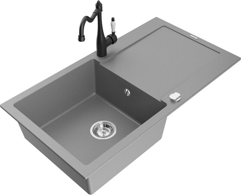 Leo 1 Becken-Granitspüle mit Abtropffläche und Mischbatterie Carla, Grau - 6501-71-670700-70 - Mexen