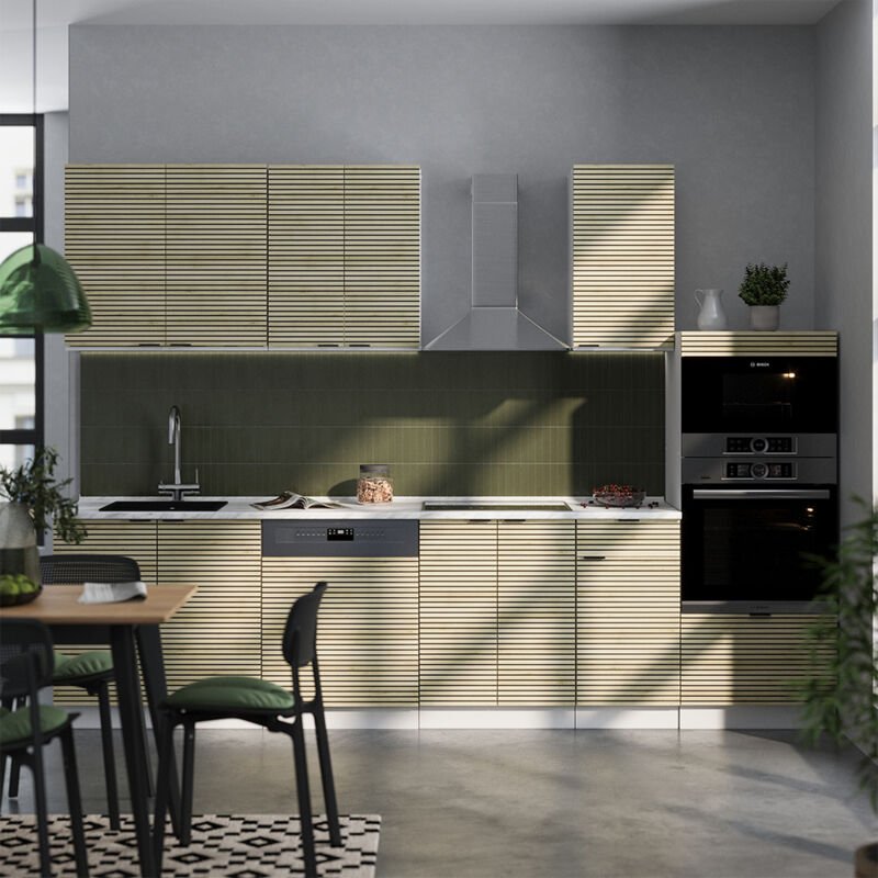 Vicco - Küchenzeile Fame-Line, Eiche Paneel/Weiß, 300 cm mit Hochschrank, ap Anthrazit