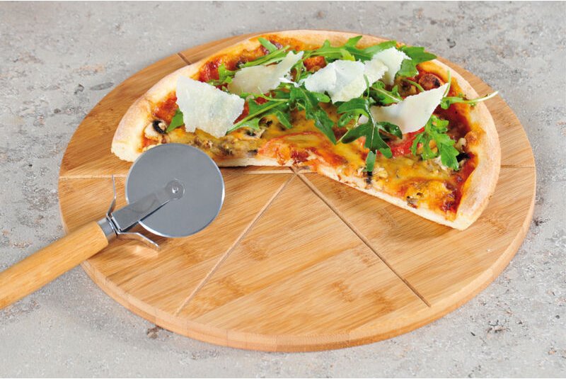 Pizza-Teller mit Pizza-Schneider 32 cm Bambus