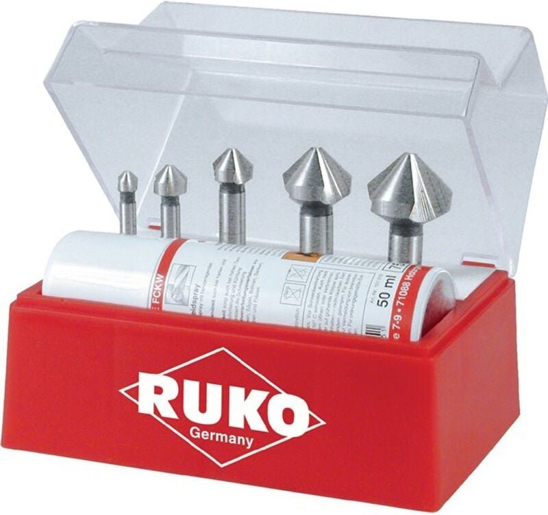 Kegel- und Entgratsenker-Satz 6tlg. din 335 Form c 90° hss ø 6,3 - 25 mm + Schneidspray 50 ml in Kunststoffkassette - 10...