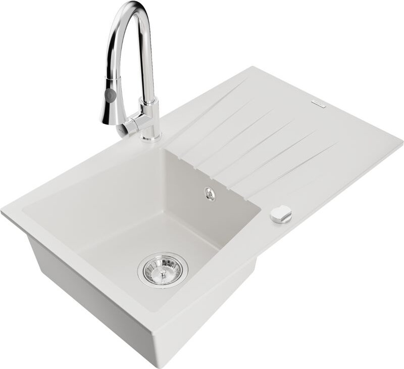 Cesar 1 Becken-Granitspüle mit Abtropffläche und Mischbatterie Elia, Weiß - 6514-20-670101-00 - Mexen