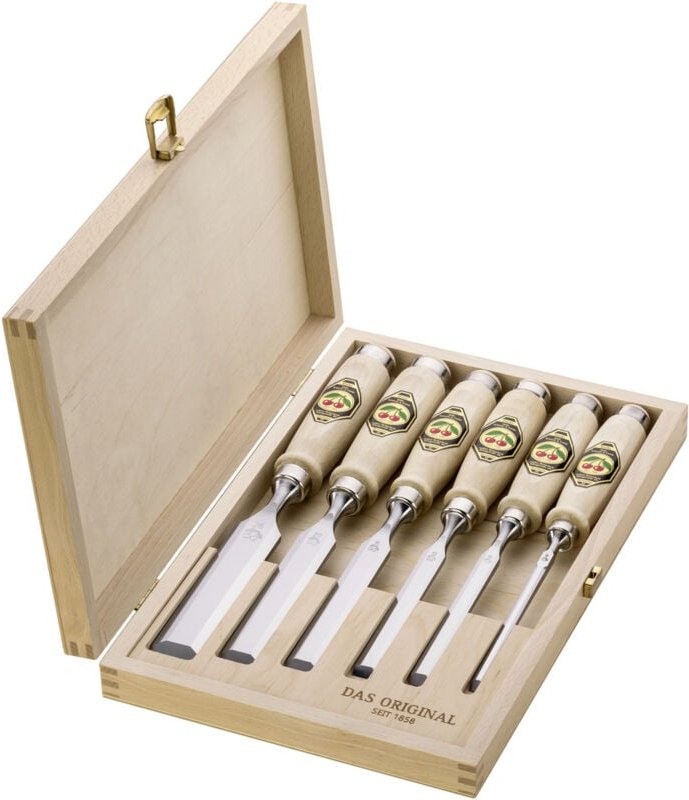 Thumbnail - N Stechbeitel-Satz 6,10,12,16,20,26 mm Weißbuchenheft Ulmer Form 6-teilig - Kirsche