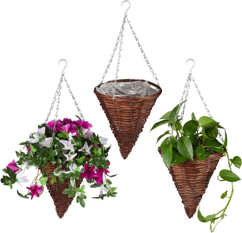 Thumbnail - Blumenampel, 3er Set, Weide Korbgeflecht, handgefertigt, Folie, Eisenkette, Hängetopf HxD: 30 x 25 cm, braun - Relaxdays