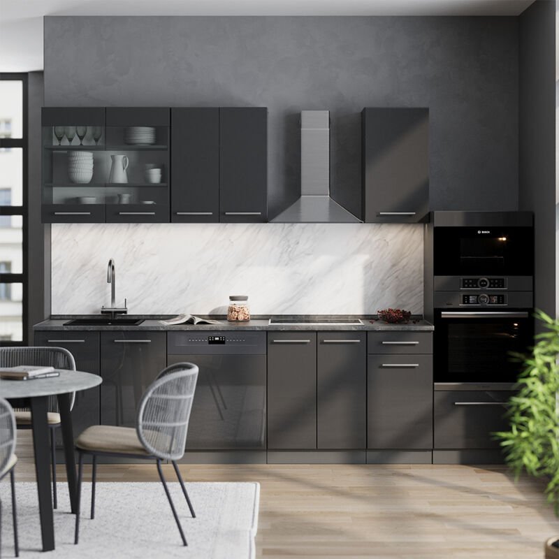 Küchenzeile Fame-Line, Anthrazit Hochglanz, 300 cm mit Hochschrank, ohne Arbeitsplatte, Vicco