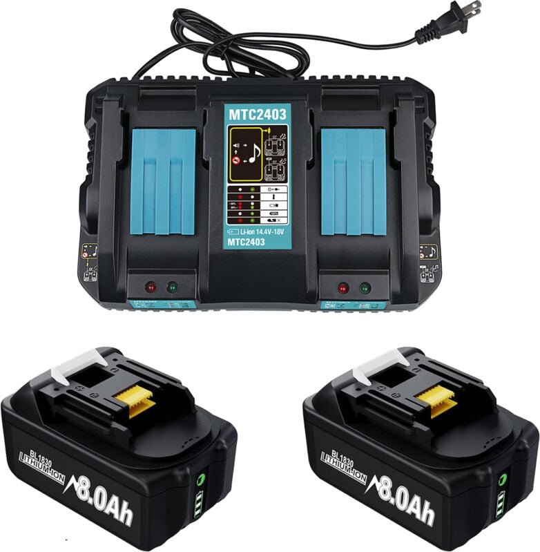 Thumbnail - 2×18 v 8,0 Ah Ersatzakkus für Makita und 1× DC18RD Schnell-Doppelladegerät, kompatibel mit 18 v Akkus BL1815 BL1830 BL18...