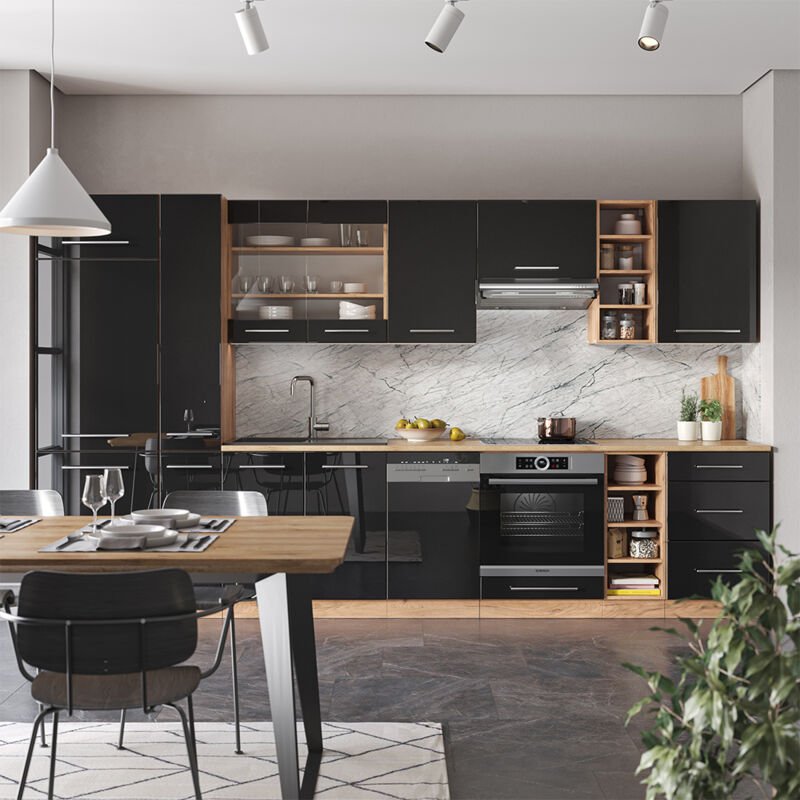 Vicco - Küchenzeile Fame-Line, Anthrazit Hochglanz/Goldkraft Eiche, 355 cm , ap Anthrazit