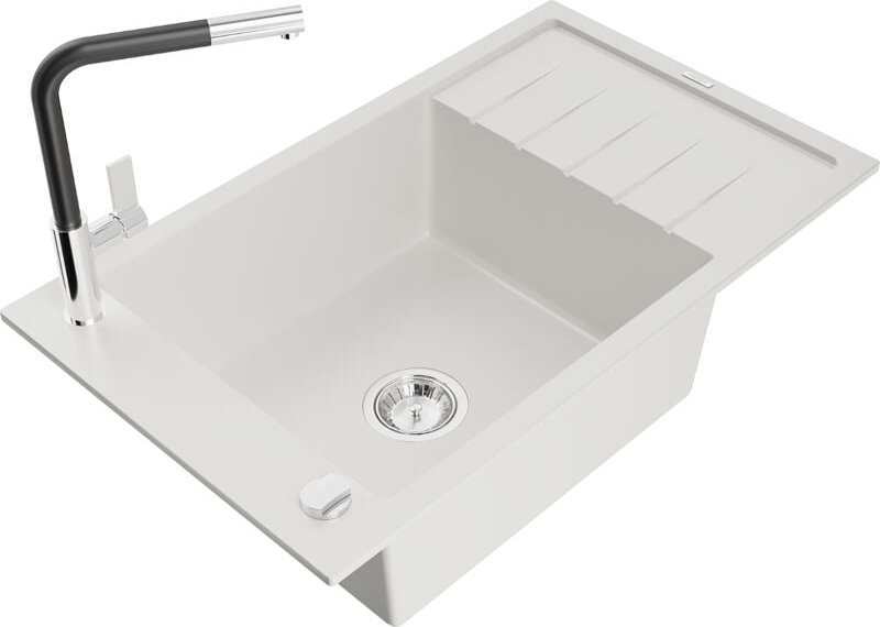 Mexen Elias 1 Becken-Granitspüle mit Abtropffläche und Mischbatterie Flora, Weiß - 6511-20-670401-07