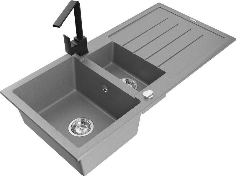 Andres 1,5-Becken-Granitspüle mit Abtropffläche und Mischbatterie Rita, Grau - 6515-71-670300- - Mexen