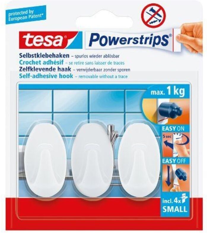 Tesa - Powerstrips Haken Small oval - Selbstklebender Wandhaken für Glas, Kacheln, Holz, Kunststoff und andere Untergrün...