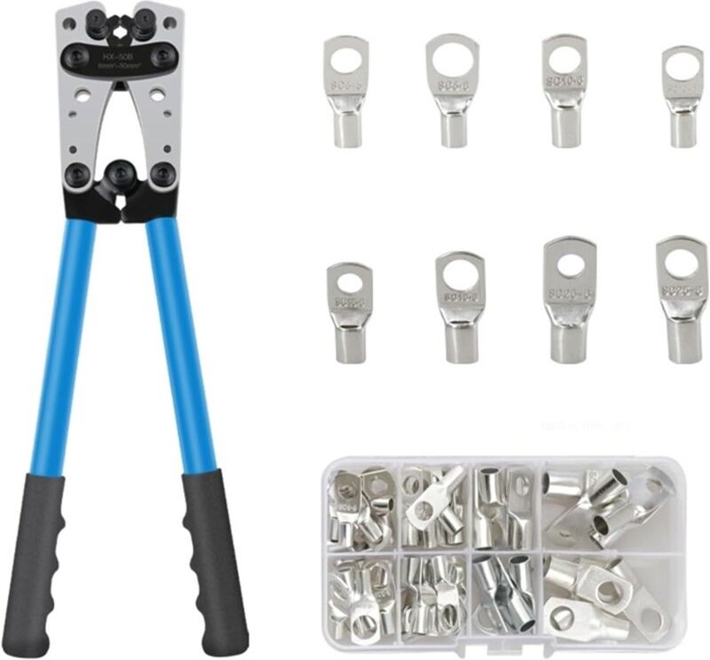 Batteriekabelschuh-Crimper, Handelektrikerzange zum Crimpen von 6-50 mm² (AWG 8-1/0) Kabeln (HX50B Crimper + 60 Kabelsch...