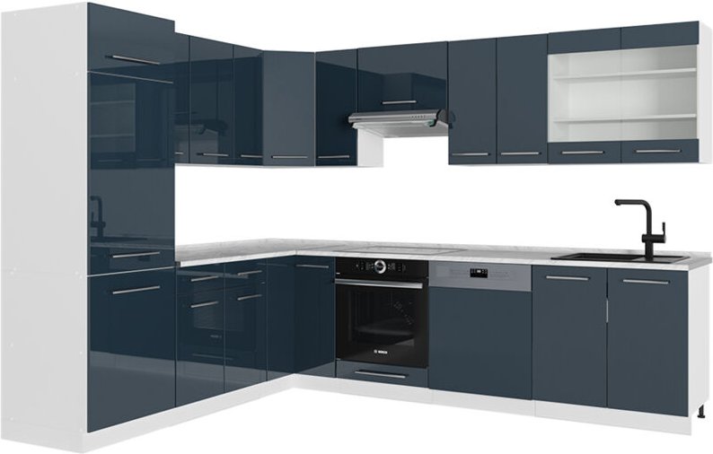Vicco - Eckküche Fame-Line, Dunkelblau Hochglanz/Weiß, 287 x 227 cm , ap Marmor