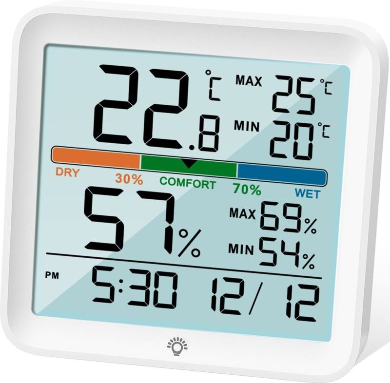 Thumbnail - Innenthermometer, digitales Feuchtigkeitsmessgerät, präziser Temperaturmonitor, MAX/MIN-Aufzeichnungen, Uhr mit LCD-Hint...