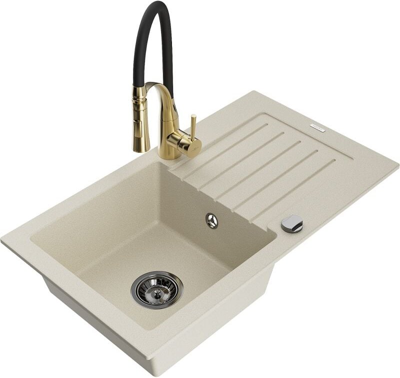 Pablo 1 Becken-Granitspüle mit Abtropffl√§che und Mischbatterie Aster, Beige - 6510-69-73450-57-B - Mexen