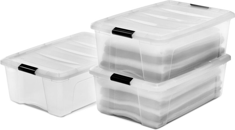 Iris Ohyama Aufbewahrungsboxen mit Deckel, 30L, 3er-Set, Transparent, Sicherer Verschluss, Stapelbar, Griffe, Schlafzimm...