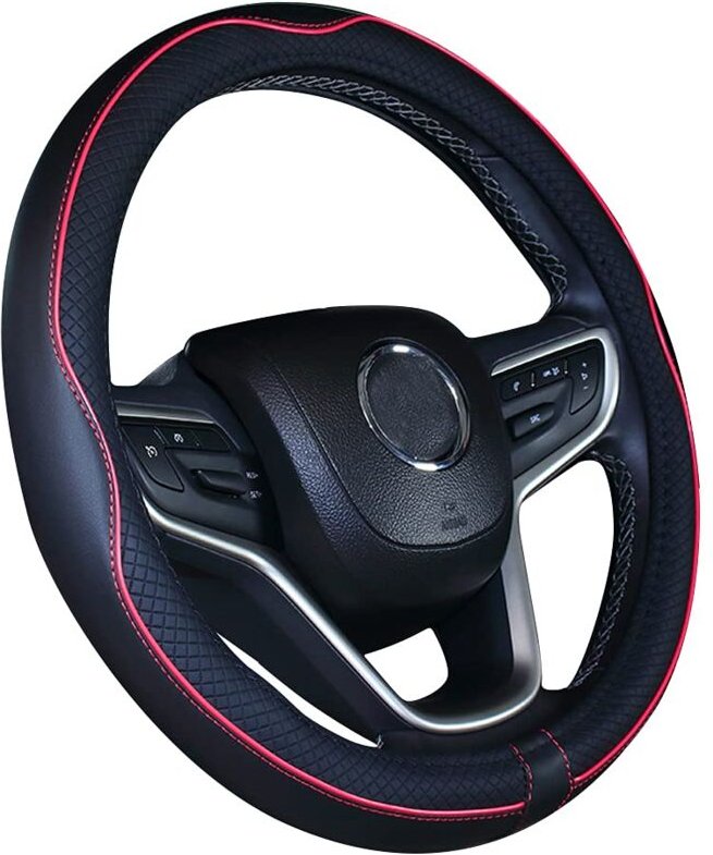 Jusch - Rot-schwarzer Mikrofaser-Leder-Autolenkradbezug 15 Zoll