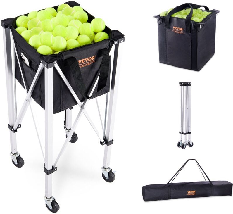 Faltbarer Tennisballbehälter, fasst 180 Tennisbälle, leichter Tennisballkorbwagen aus Aluminiumlegierung mit Rädern, abn...