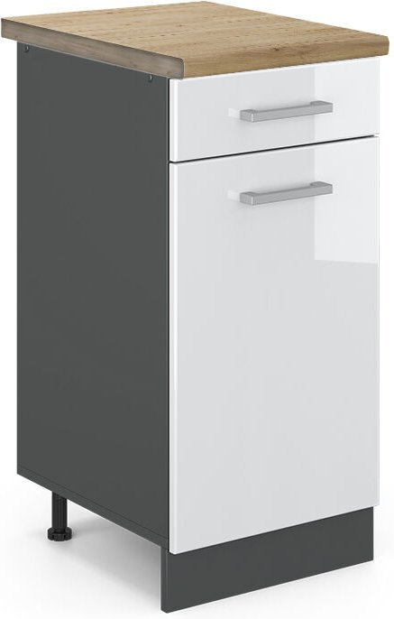 Küchenunterschrank R-Line, Weiß Hochglanz, 40 cm , AP Eiche, Vicco
