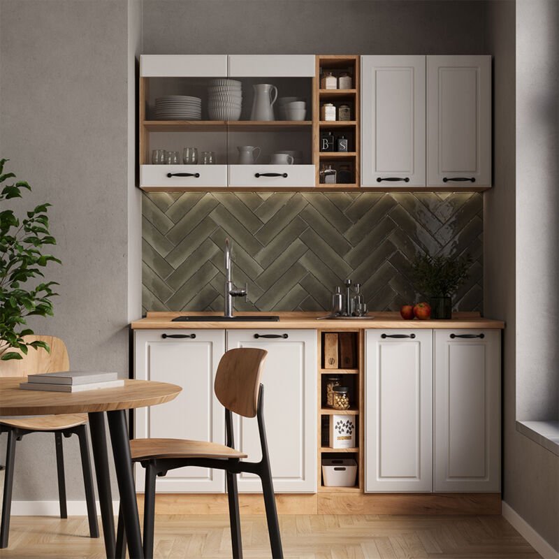 Vicco - Singleküche R-Line, Weiß Landhaus/Goldkraft Eiche, 160 cm , ap Eiche