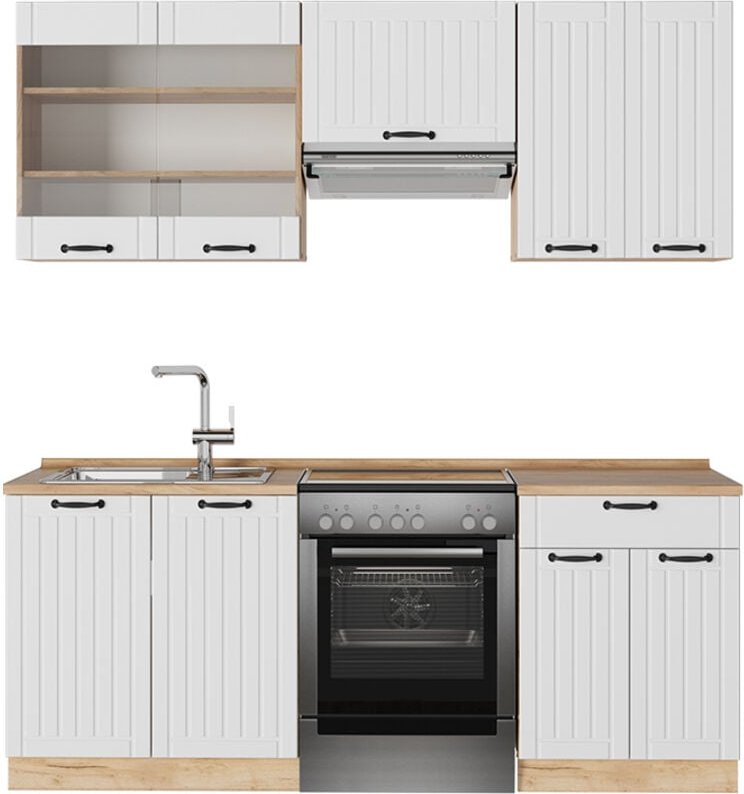 Küchenzeile Fame-Line, Weiß Landhaus, 200 cm , AP Eiche, Vicco