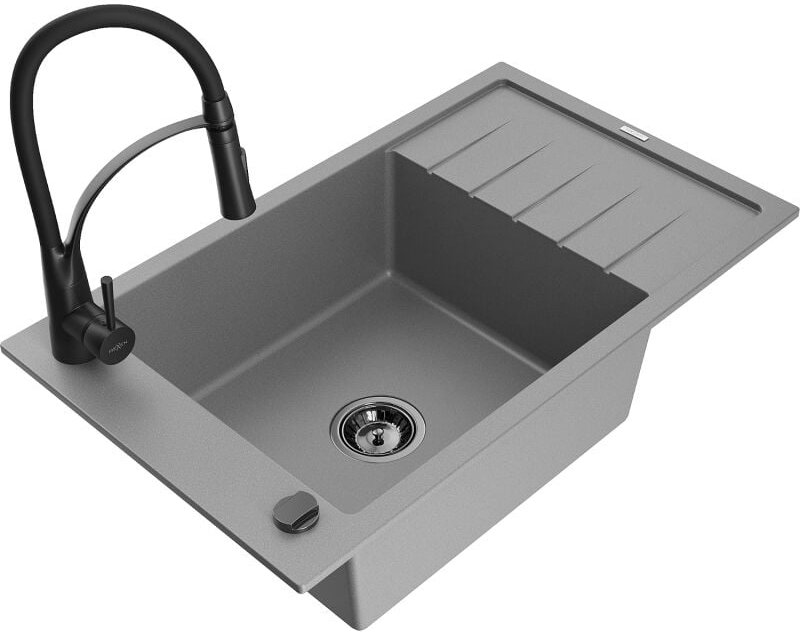 Elias 1 Becken-Granitspüle mit Abtropffl√§che und Mischbatterie Aster, Grau - 6511-71-73450-70-B - Mexen