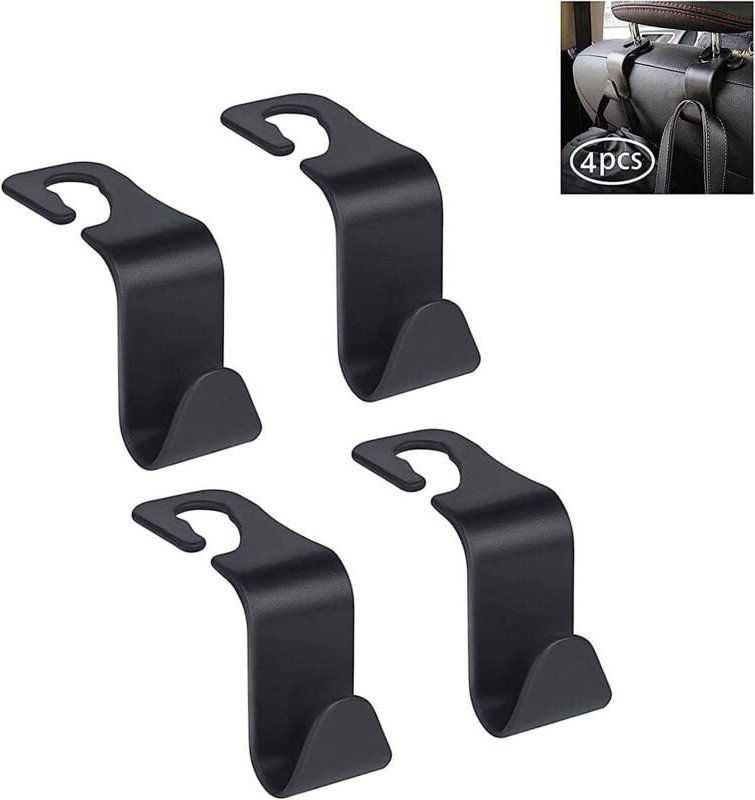 Linghhang - 4er-Pack (schwarz) Haken für die Kopfstütze des Autositzes – Auto-Aufhänger, Aufbewahrungs-Organizer, Tasche...