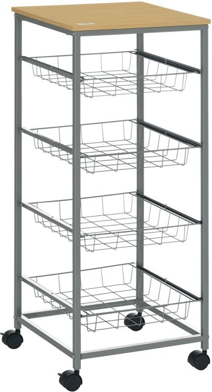 HOMCOM Küchenwagen Rollwagen mit 4 Ebenen Küchenregal mit Metallkörben, Allzweckwagen auf Rollen, Aufbewahrungswagen für...