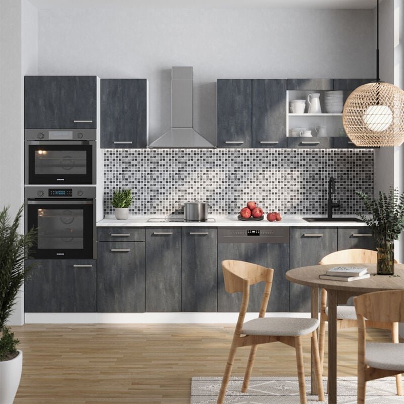 Vicco - Komplettküche R-Line, Schwarz Beton/Weiß, 300 cm ohne Arbeitsplatte