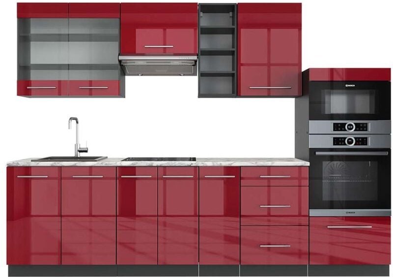 Vicco - Küchenschränke Fame-Line, Bordeaux Hochglanz/Anthrazit, 280 cm , ap Marmor