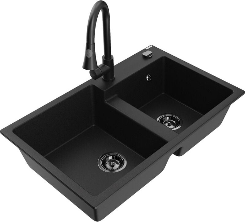 Tomas 2-Becken-Granitspüle mit Mischbatterie Elia, Schwarz - 6516-77-670101-70-B - Mexen