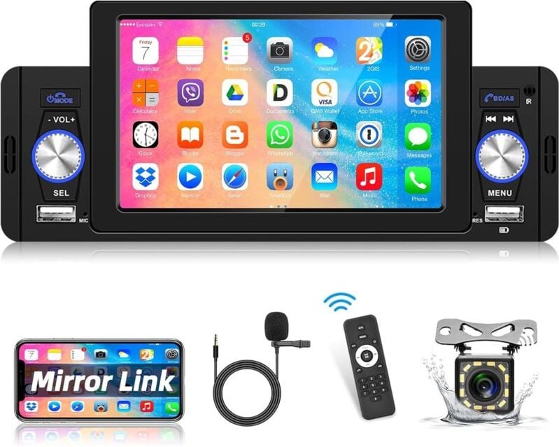 1-Din-Autoradio mit Bluetooth, 5-Zoll-Bildschirm, Autoradio-Bildschirm unterstützt MP5-Empfänger, Mirror Link, FM-Radio,...