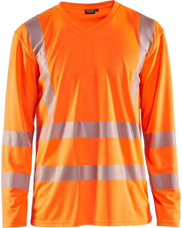 Thumbnail - Arbeits-T-Shirt mit langen Ärmeln, V-Ausschnitt, Hochsichtbarkeit, UV-Schutz 3385 – Neonorange XXXL