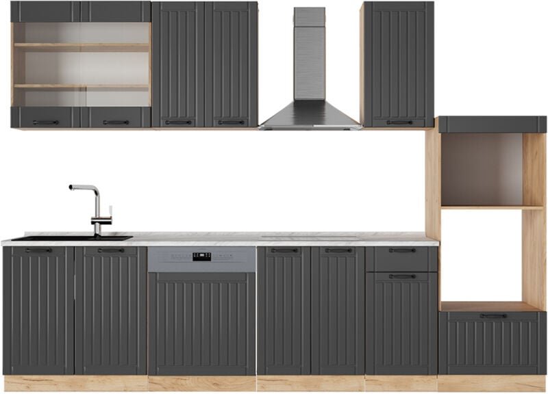 Thumbnail - Küchenzeile Fame-Line, Dunkelgrau, 300 cm mit Hochschrank, AP Marmor, Vicco