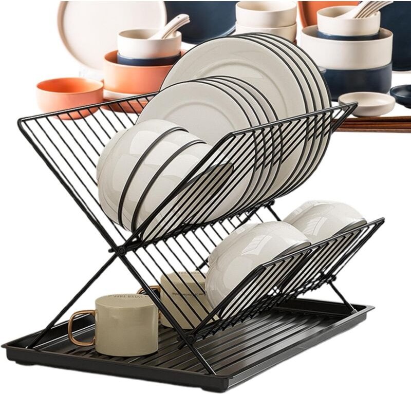 Faltbarer Geschirrständer – Abnehmbare Wasserauffangschale – Faltbares Küchenabtropfgestell für Besteck, Teller und Gesc...
